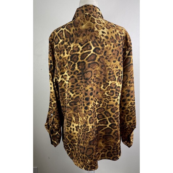 Ruby Rd Liquid Knit Long Sleeve Blouse 12 Leopard Animal Print Shiny Roll Tab - Picture 4 of 11